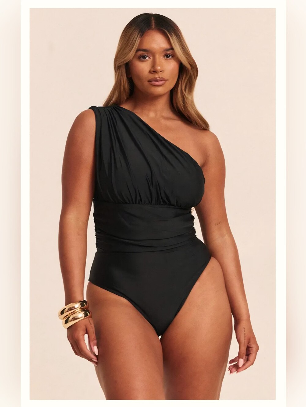 PrettyLittleThing Black One-Shoulder Ruched Swim One-Piece